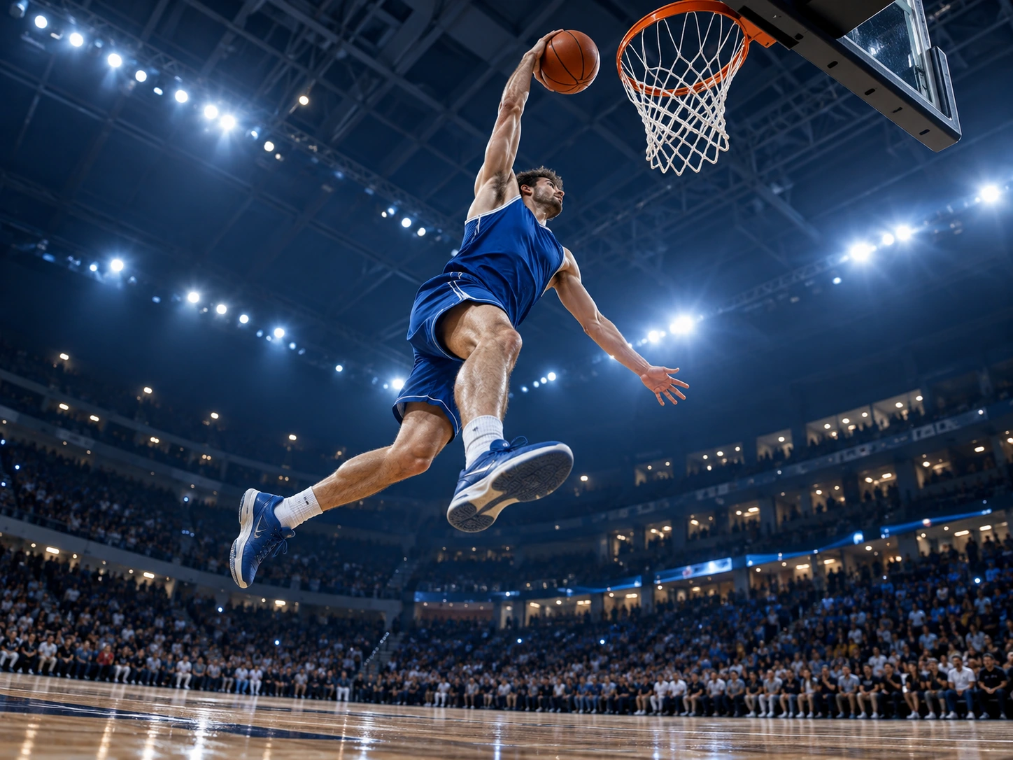 Baschetbalist în aer pentru un slam dunk, fotografiat de la nivelul parchetului