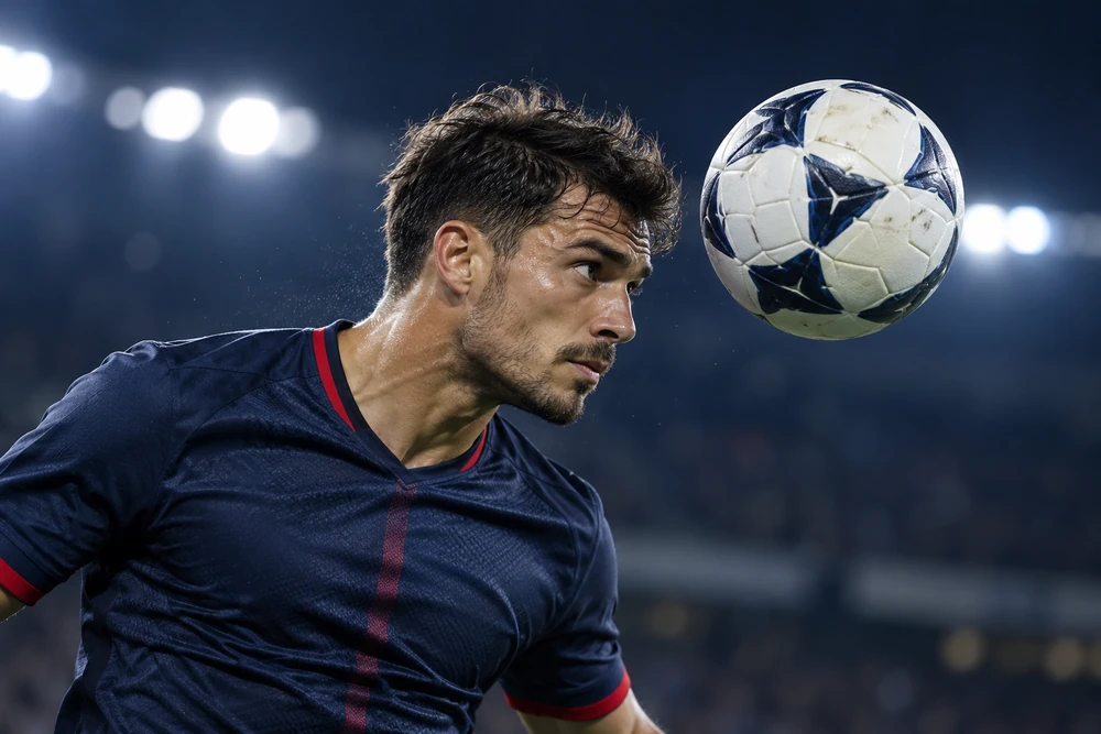 Fotbalist în prim-plan, pregătind o lovitură de cap