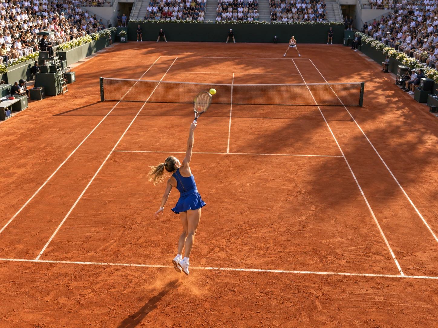 Jucătoare de tenis în timpul serviciului pe zgură, văzută de sus