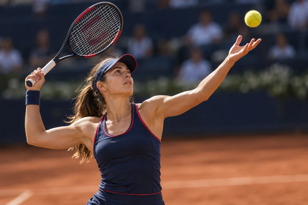 Jucătoare de tenis în timpul serviciului