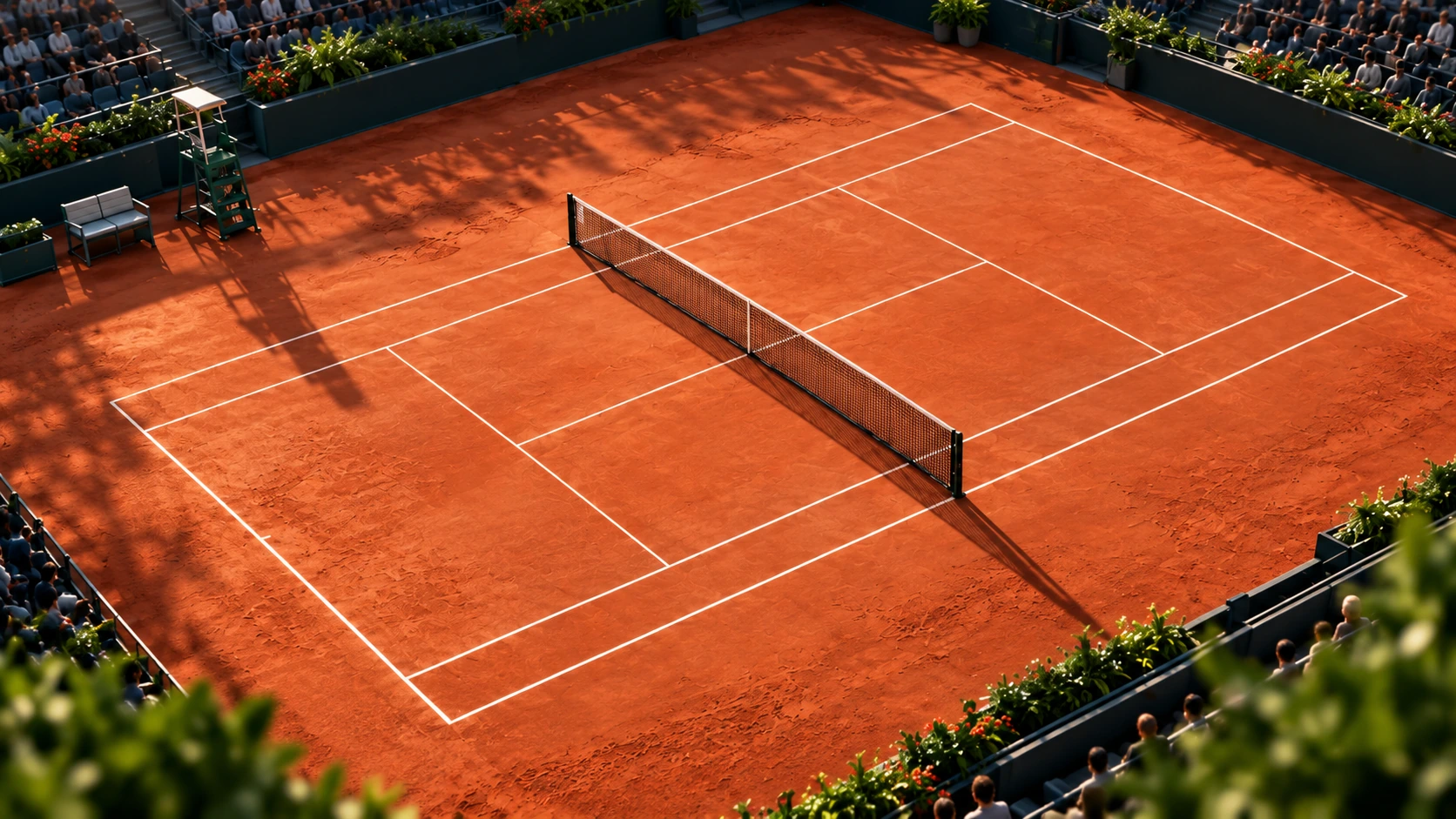 Teren realist de tenis pe zgură, văzut în perspectivă